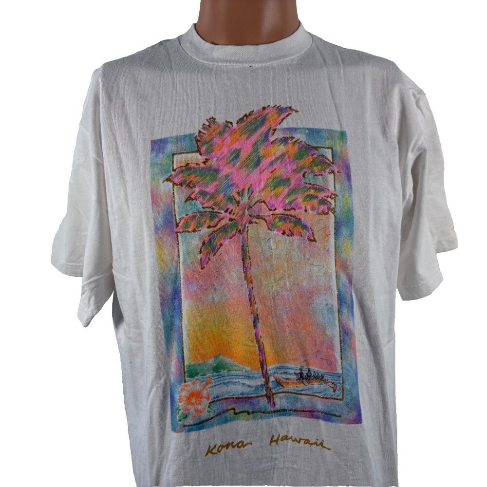 Vintage Kona Hawaii T Shirt Mens Size L Colorful Palm Tree Glitter Made USA 90s